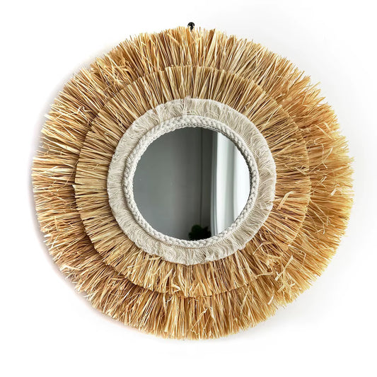 Round Hanging Wall Mirror Decorative Two-Tier Raffia Circle Wall Mounted Mirror for Farmhouse Living Room Bedroom Bathroom