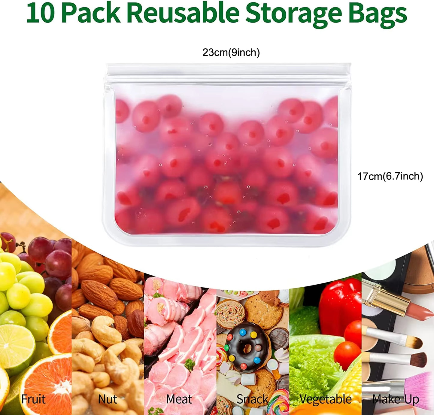 10 Piece Reusable Food Storage Bags BPA Free Freezer Bags Leakproof Silicone and Plastic Free Travel Bags Food Storage Bag