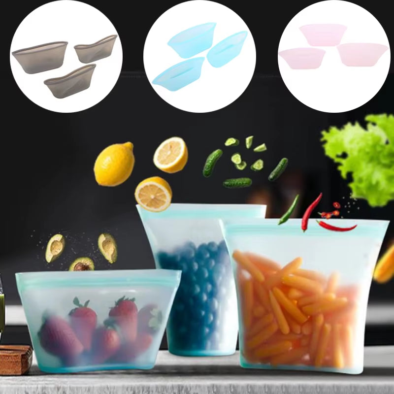 Silicone Food Storage Bags Leakproof Containers Reusable Fresh-Keeping Fruit Sealed Freezer Bag Refrigerator Food Organizer 3Pcs