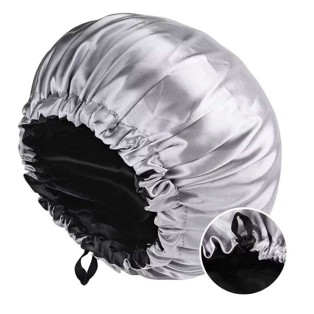 Adjustable Double Layer Satin Bonnet Nightcap Doubleside Women round Shower Caps Night Sleep Polyester Hat Solid Black Lining