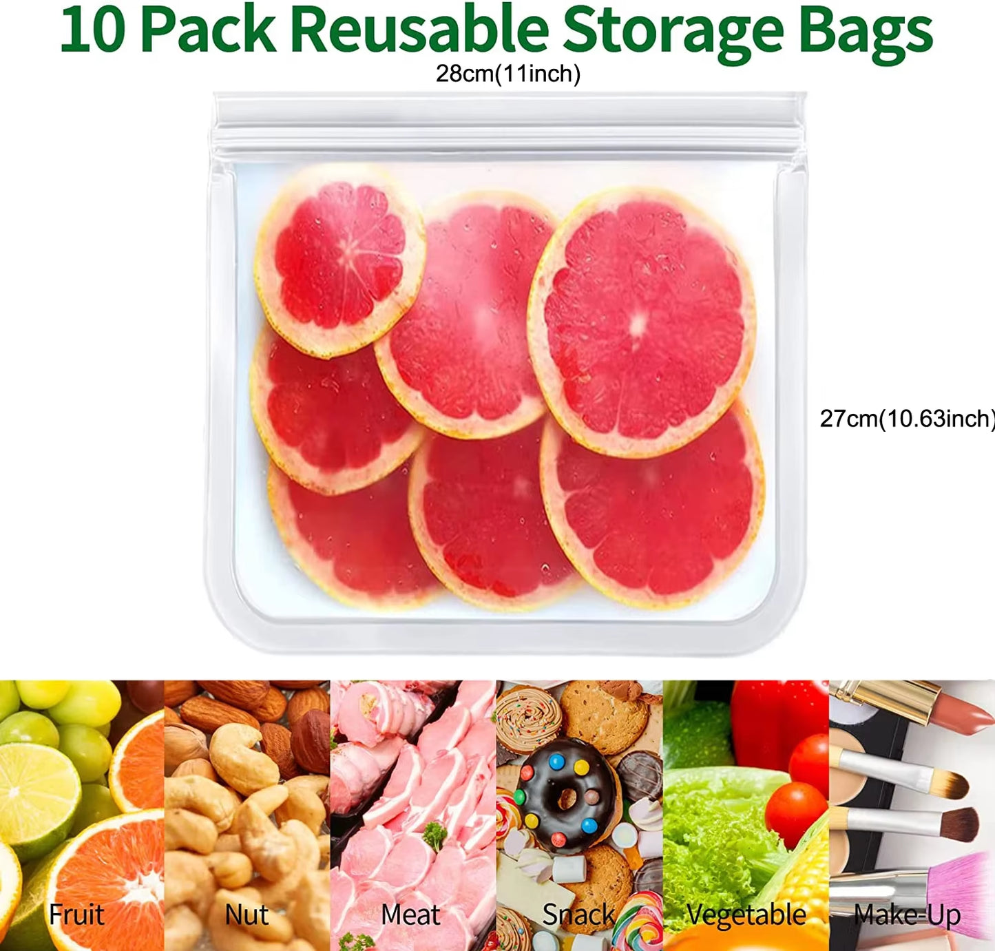 10 Piece Reusable Food Storage Bags BPA Free Freezer Bags Leakproof Silicone and Plastic Free Travel Bags Food Storage Bag