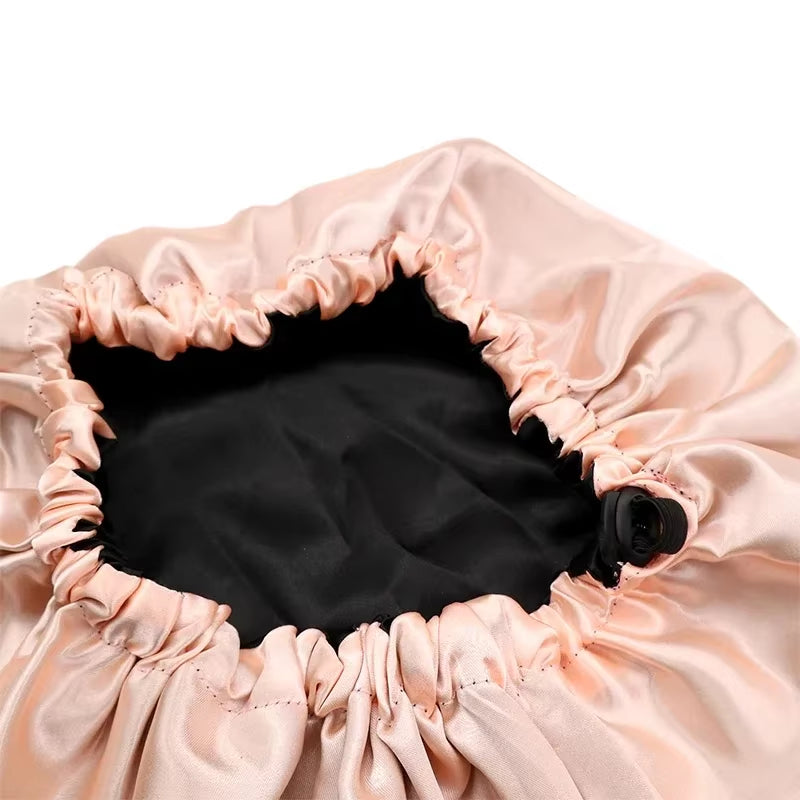 Adjustable Double Layer Satin Bonnet Nightcap Doubleside Women round Shower Caps Night Sleep Polyester Hat Solid Black Lining