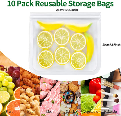 10 Piece Reusable Food Storage Bags BPA Free Freezer Bags Leakproof Silicone and Plastic Free Travel Bags Food Storage Bag