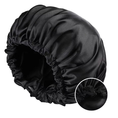 Adjustable Double Layer Satin Bonnet Nightcap Doubleside Women round Shower Caps Night Sleep Polyester Hat Solid Black Lining