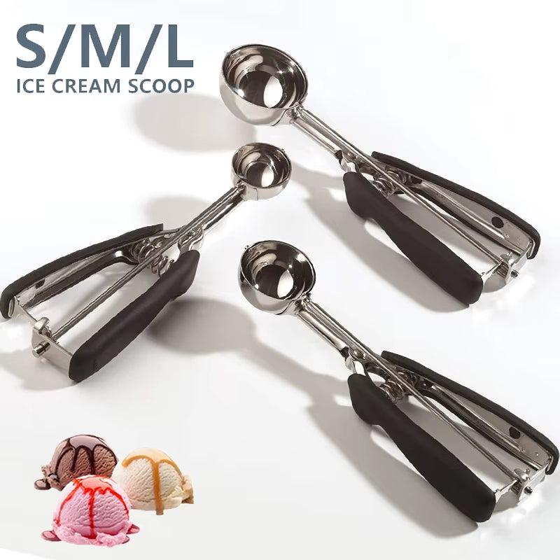 3/4/5Cm Stainless Steel Ice Cream Scoop Stack Spoon with Trigger Non-Slip Handle Cookie Dough Scooper Fruit Baller Kitchen Tools