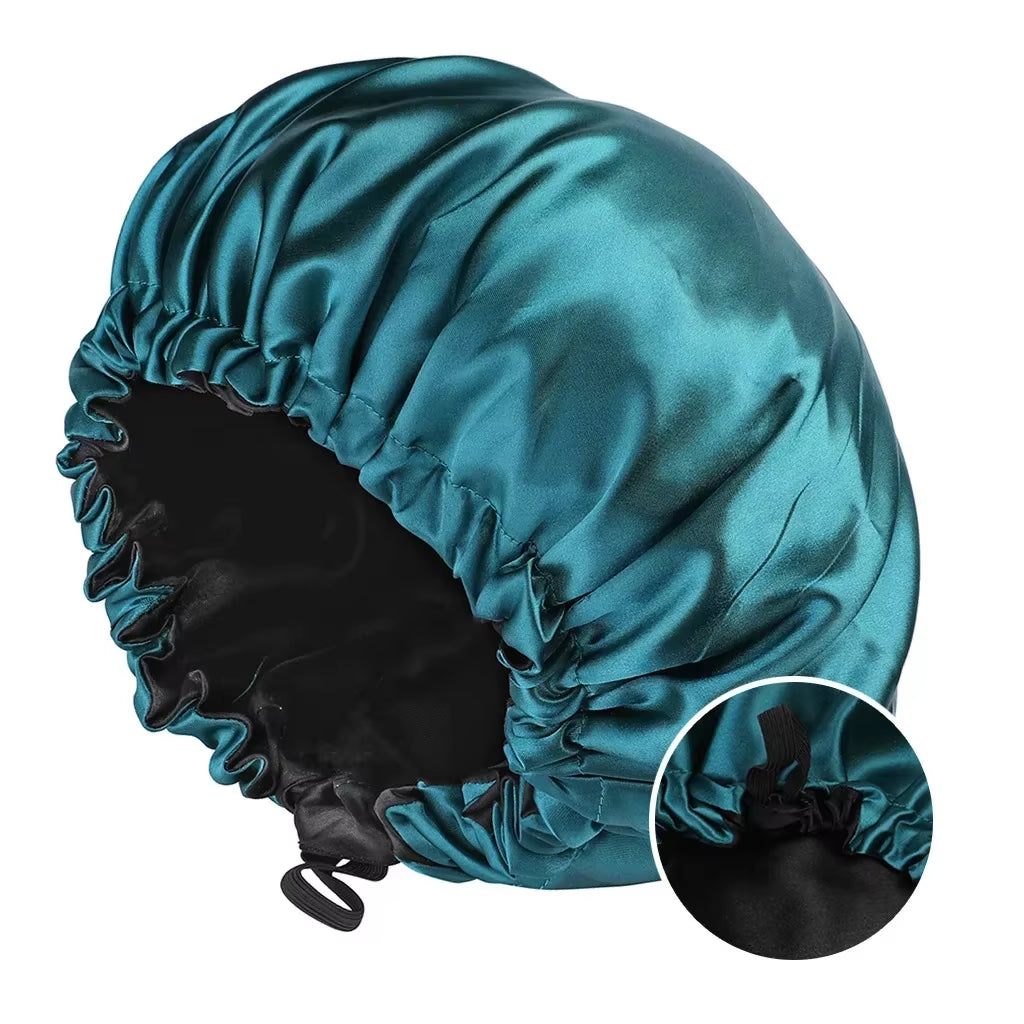 Adjustable Double Layer Satin Bonnet Nightcap Doubleside Women round Shower Caps Night Sleep Polyester Hat Solid Black Lining