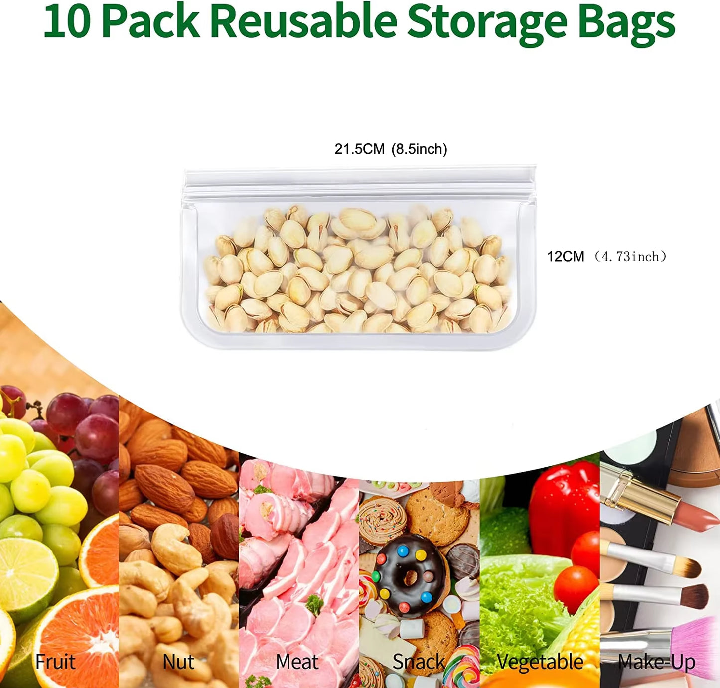 10 Piece Reusable Food Storage Bags BPA Free Freezer Bags Leakproof Silicone and Plastic Free Travel Bags Food Storage Bag