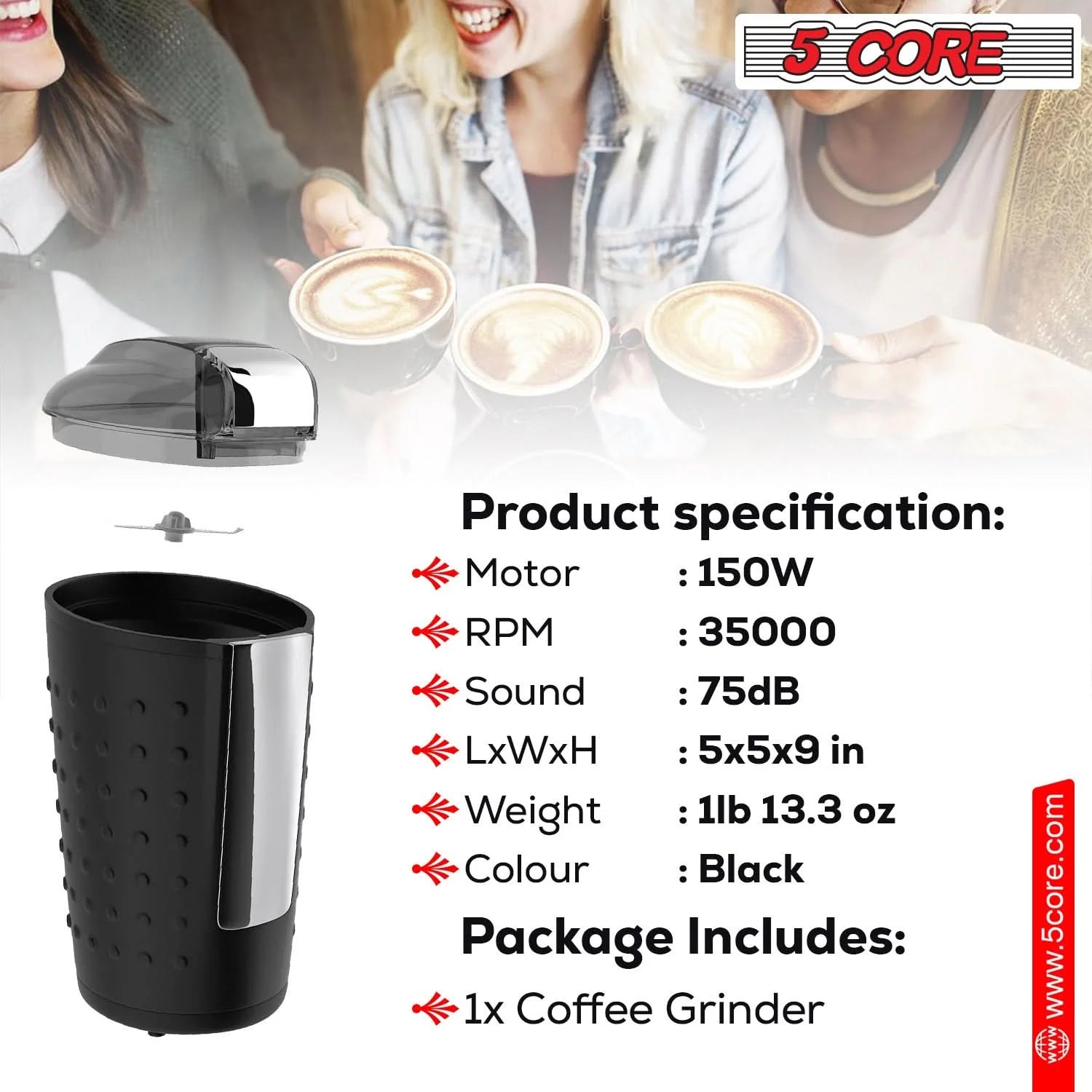 5Core Coffee Grinder 85 Gram Capacity 150W Electric Bean Spice Grinders BLACK & BROWN