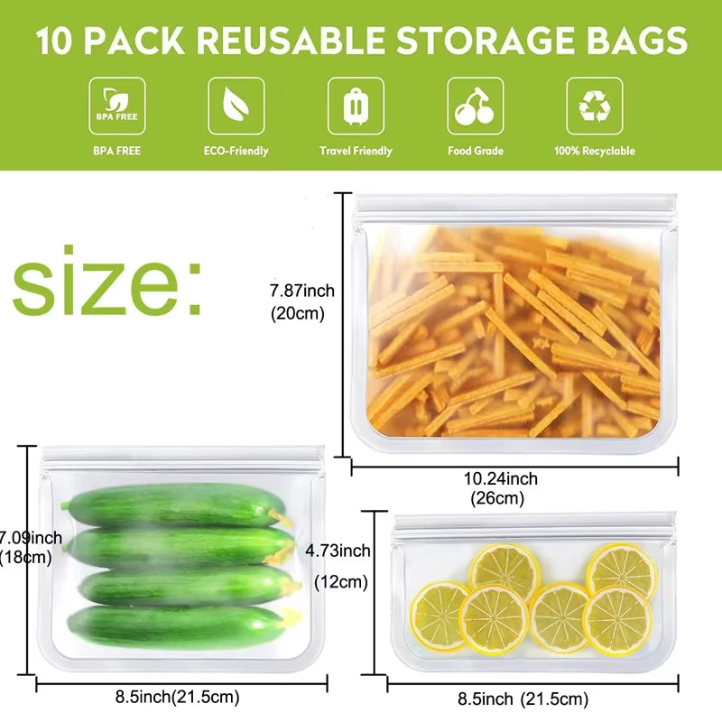 10 Piece Reusable Food Storage Bags BPA Free Freezer Bags Leakproof Silicone and Plastic Free Travel Bags Food Storage Bag