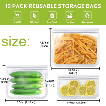 10 Piece Reusable Food Storage Bags BPA Free Freezer Bags Leakproof Silicone and Plastic Free Travel Bags Food Storage Bag